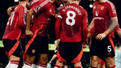 Amad Diallo, Bruno Fernandes dan pemain Man United melakukan selebrasi usai membobol gawang Man City, Minggu (15/12/2024). (Foto: @Brunofernandes)